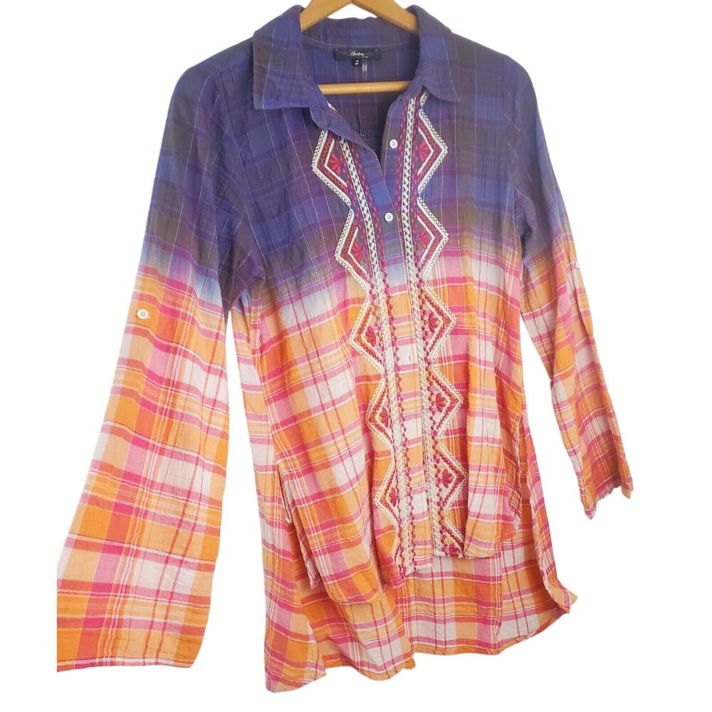 Andree By UNIT S Orange Floral Embroidered Button-Up Roll Tab Sleeve Plaid Tunic